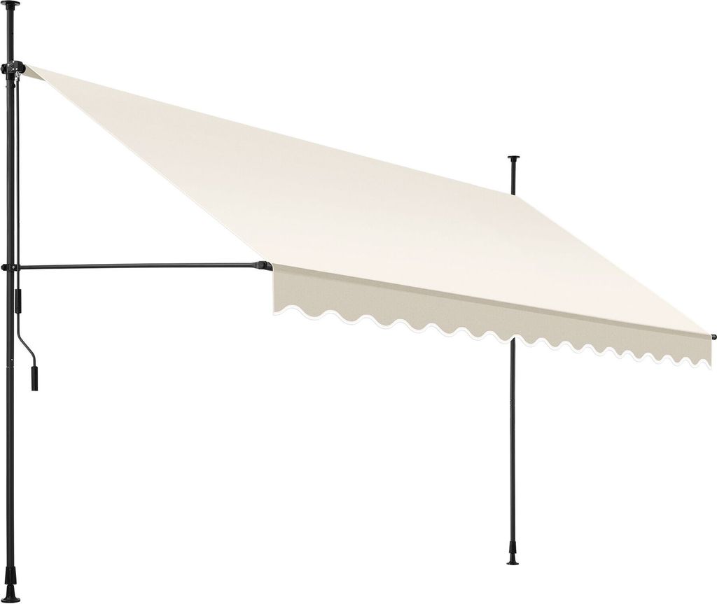 A beige awning with a scalloped edge is extended from a black metal frame mounted on a vertical pole.