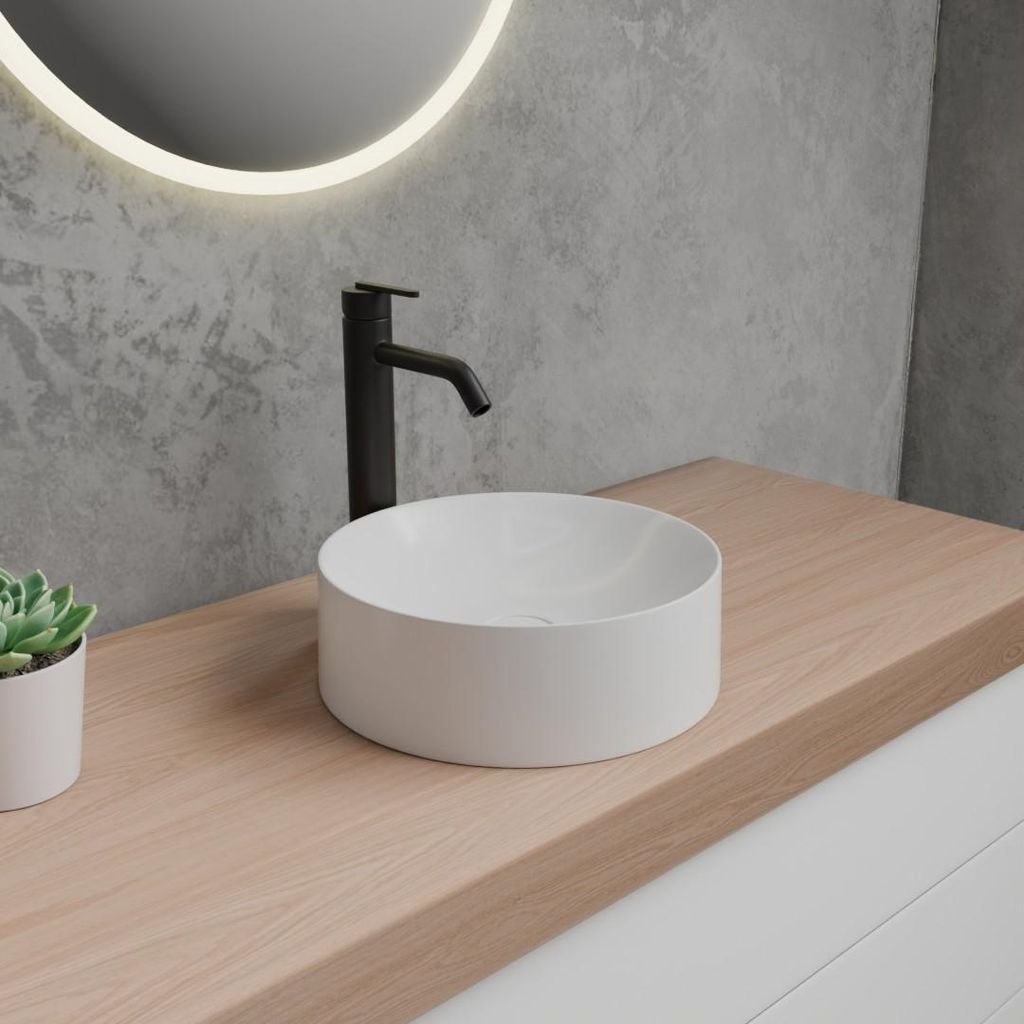 MIT ARMATUR Lindbergh "Bianco + Darkline Premium" Waschbecken, Aufsatzwaschbecken aus hochwertigem Mineralguss, Weiß, 390 mm, Rund, Badezimmer