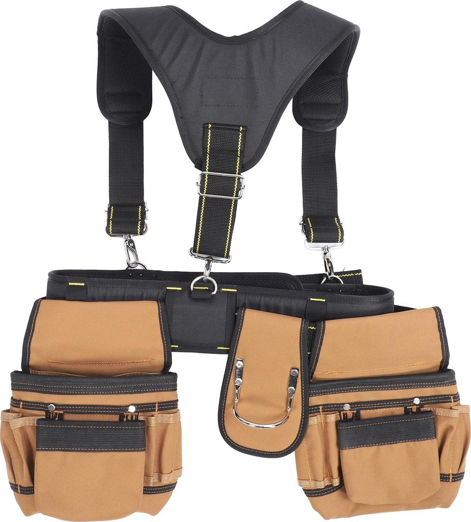 Verstellbarer Werkzeuggürtel aus 1200D Oxford-Gewebe mit Taschen, Beuteln und Metallhalterung für Maßband