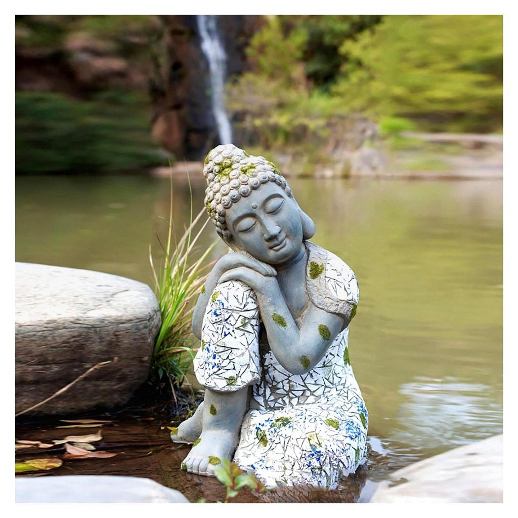 Große Buddha Figur für Garten Dekoration, H-46 cm/4 kg, Robuste Buddha Statue aus Steinguss, frost- und wetterfest, Grau