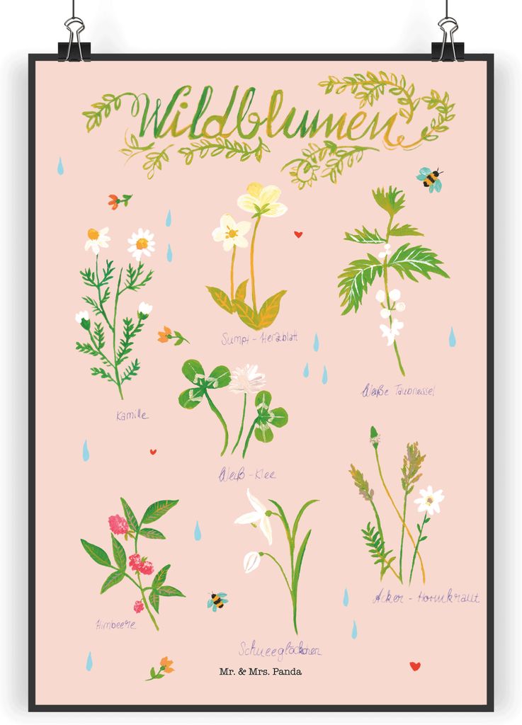 Mr. & Mrs. Panda Bild Wildblumen DIN A5 - Geschenk, Dekoration, Deko, Wandbild, Blume, drucke, Plakat, wanddeko, Wildblume, Blumen