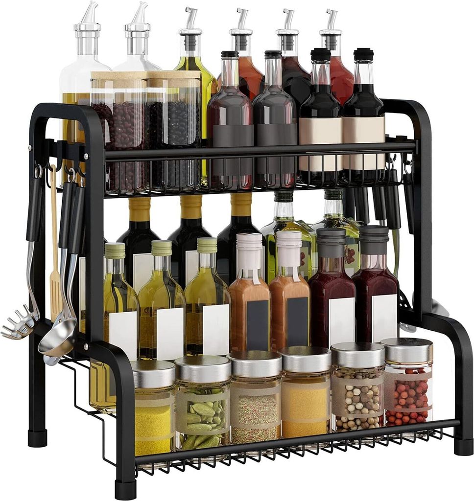 Sessamen-LP Gewürzregal Gewürzaufbewahrung Metall 2 Ebenen Gewürzflaschen Regal Stehend für Gläser Ölflaschen Schwarz Organizer Gewürzen Kü...