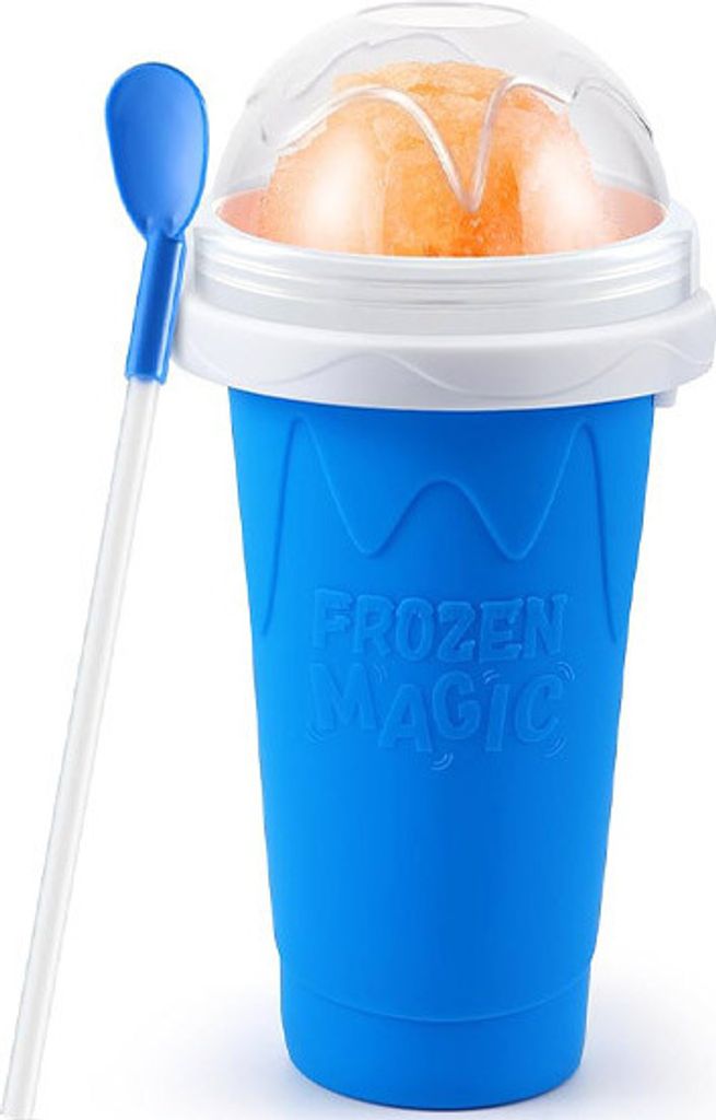 A blue slushy cup with a clear lid, filled with orange slush, and a blue spoon.