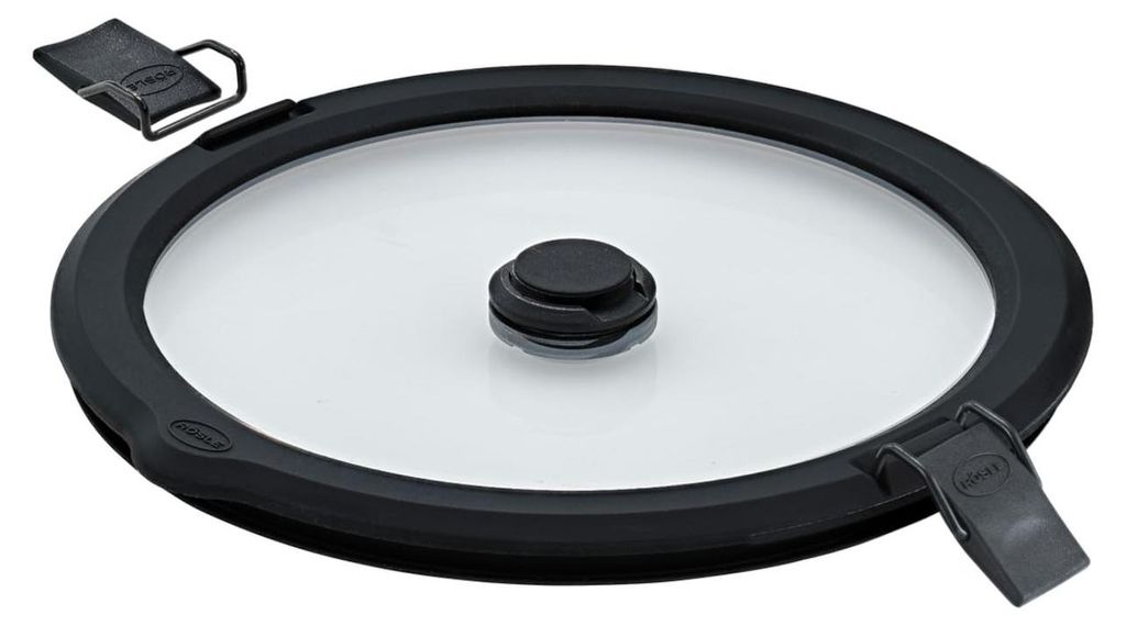 RÖSLE Vakuumdeckel FLEXX 2GO 0,8 L rund mit Clips, Sicherheitsglas mit Silikonrand und Vakuumventil, aromadicht, transparent/schwarz