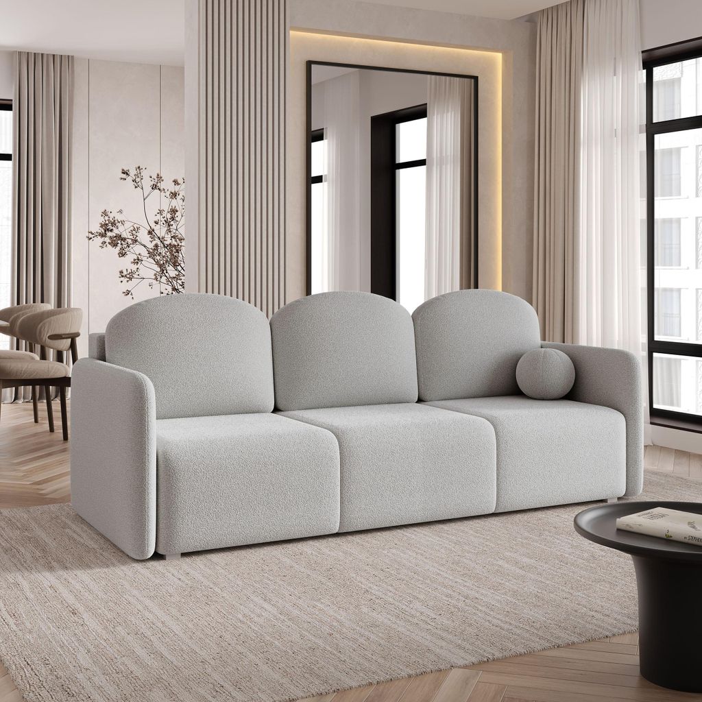 Sofa SUVI III mit Schlaffunktion, Schlafsofa, Wohnzimmersofa, Couch, Soffa, Bettsofa, Bucle-Stoff – Hellgrau QUELLE 83