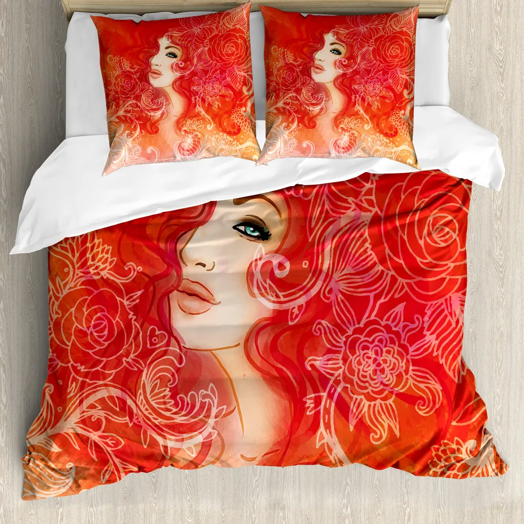 Set Letto ABAKUHAUS 200x200 Flower Hair Arancione e Crema
