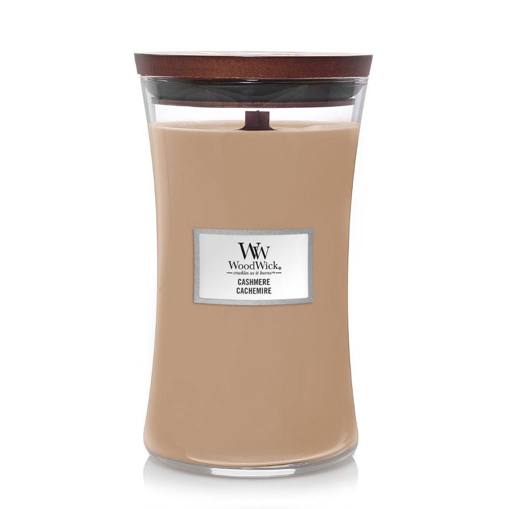 A WoodWick candle with a wooden lid, shown against a white background.