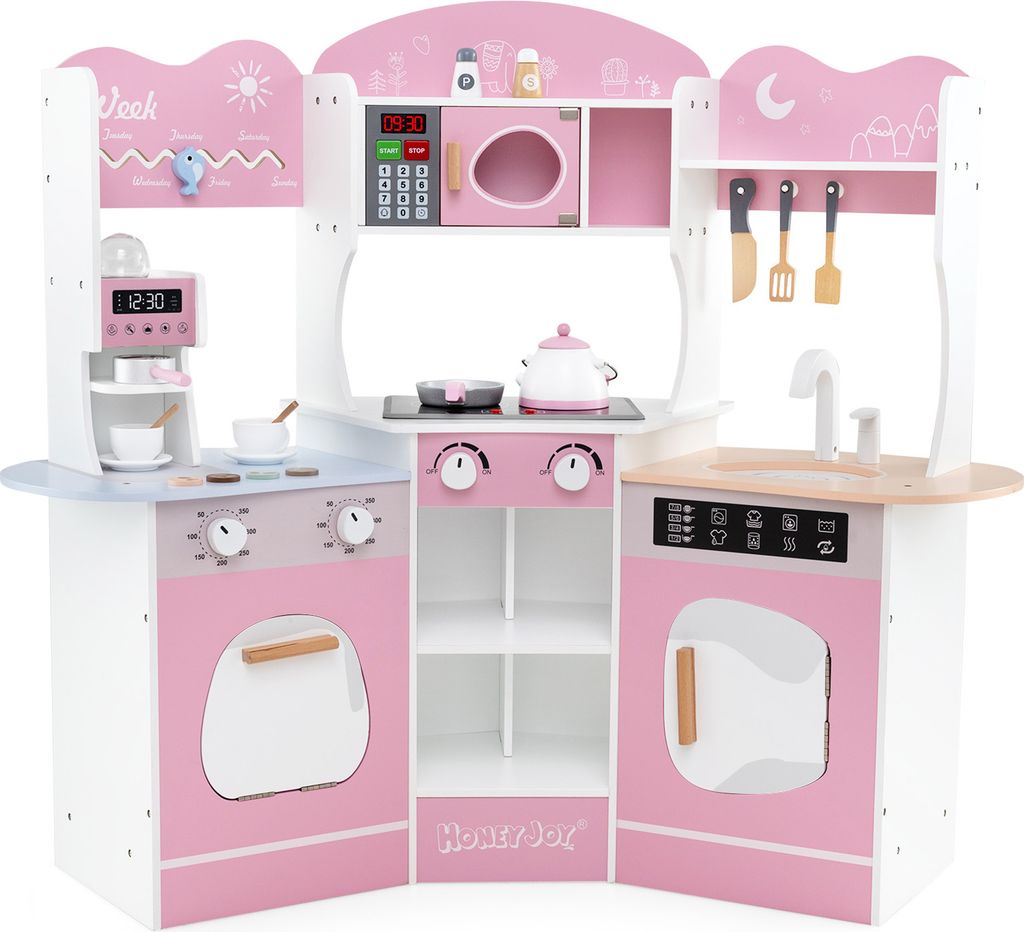 DREAMADE Eckküchen-Spielset, hölzerne Spielküche für Kinder mit Kaffeemaschine, Ofen, Mikrowelle, Waschmaschine & Zubehör, ab 3 Jahren (rosa)