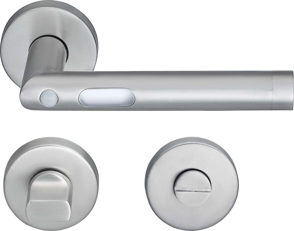 A set of stainless steel door handles and related hardware, including a lever handle with an LED indicator, and two circular rosettes.