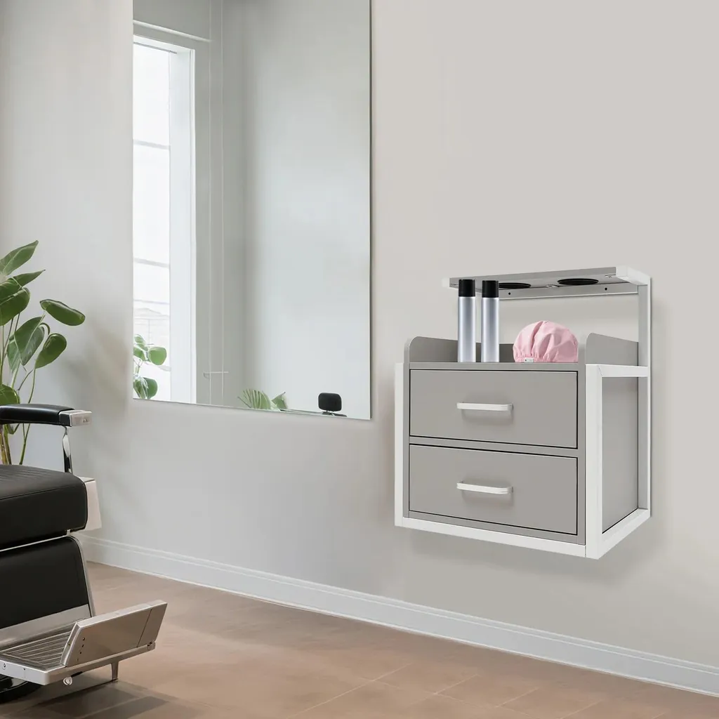 Armoire murale de salon à 2 tiroirs pour matériel de coiffure - Gris