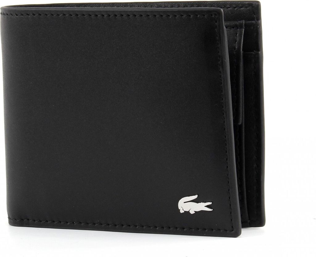 A black Lacoste wallet is shown against a white background.