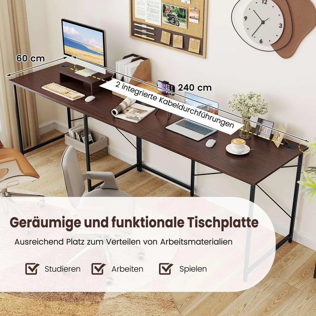 Bureau d'angle réversible pour télétravail avec chargeur USB, marron L