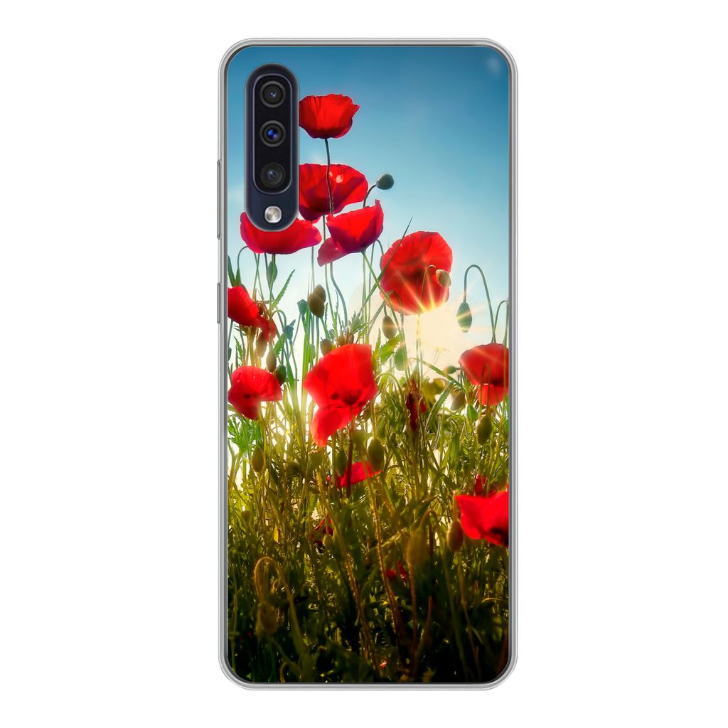 MuchoWow Handyhülle Schutzhülle Hülle für Samsung Galaxy A30s Mohnblumen - Toskana - Sonne - Rot - Blau Silikon Softcase Handy Hülle - Karte...