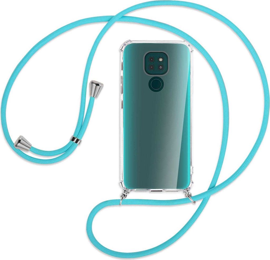 Handykette Backcover-Schutzhülle mit Band (Metall silberfarben) für Motorola Moto G9 / G9 Play - türkis