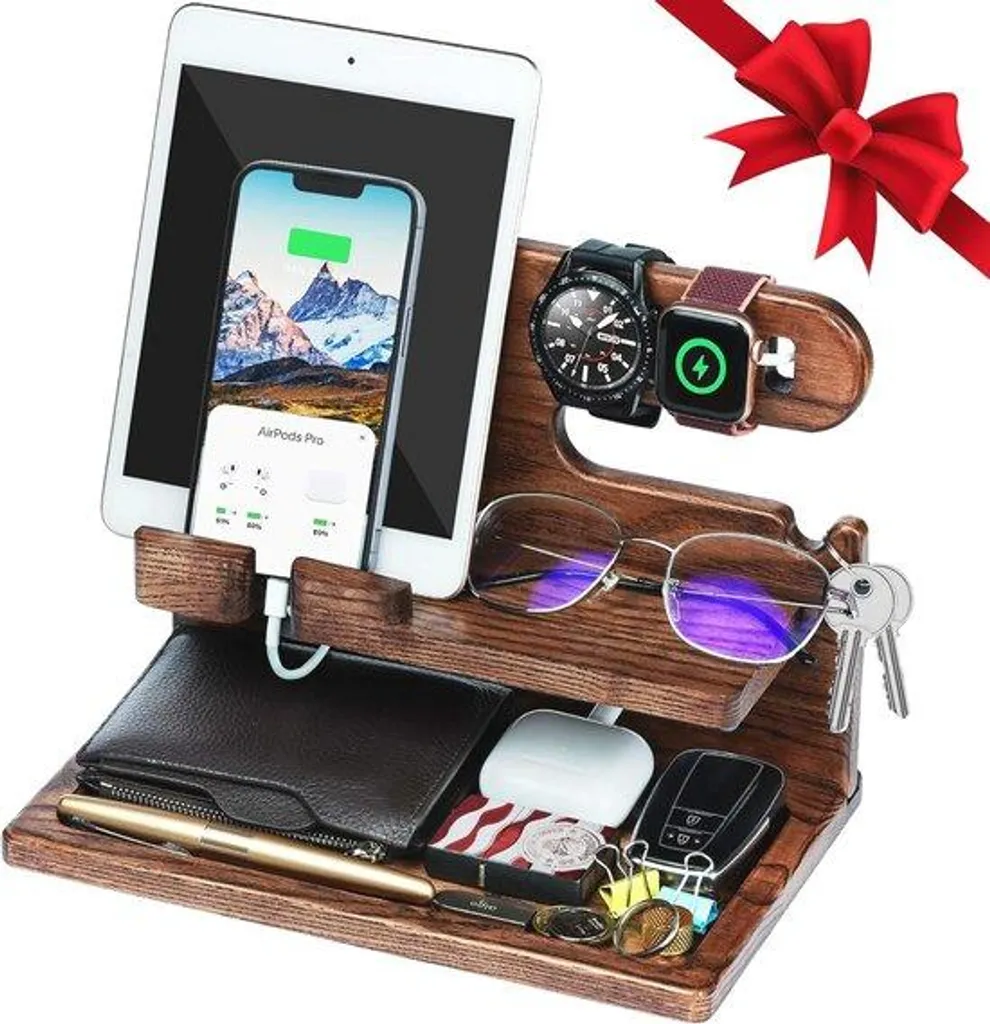Organiseur de bureau en bois durable avec dock tablette et téléphone