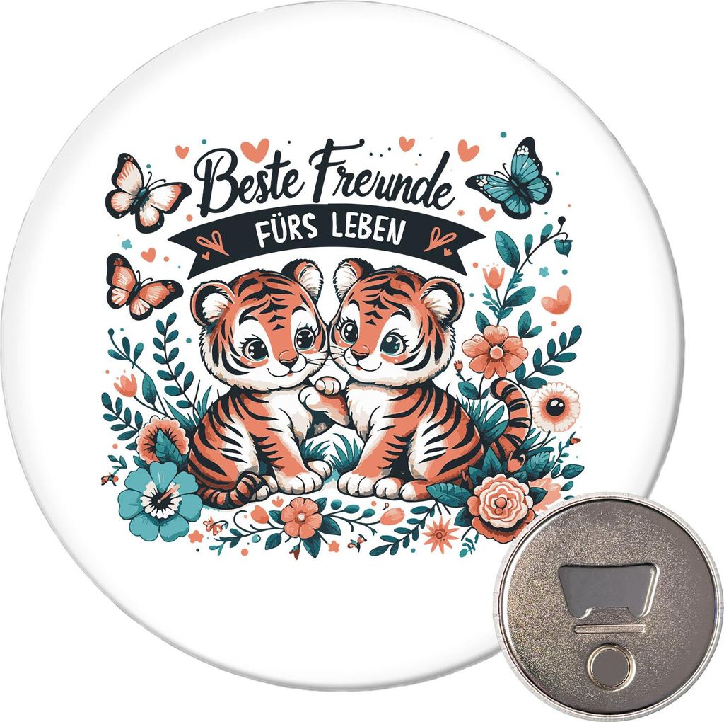 Huuraa Magnet Beste Freunde Tiger 59mm Kühlschrankmagnet rund Flaschenöffner Geschenkidee