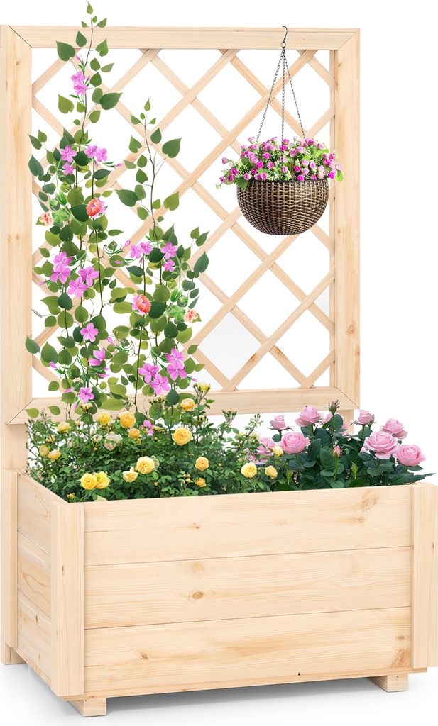 COSTWAY Blumenkasten mit Rankgitter, Spalier & Drainagelöchern, Hochbeet Pflanzkasten für Kletterpflanzen, Blumenkübel Holz 58x35x101cm Natur