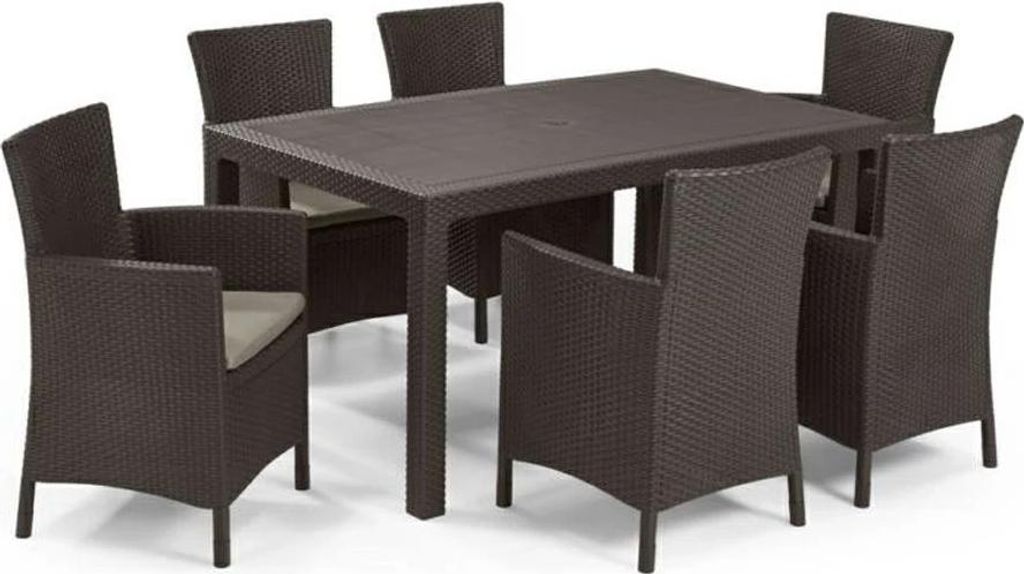 Curver Meliowa 6-Sitzer-Gartenmöbelset, braun mit warmen taupefarbenen Polstern