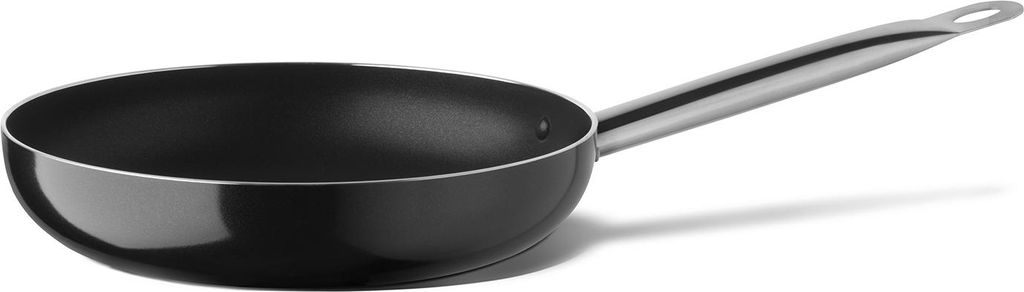 A black frying pan with a silver handle is shown against a white background.