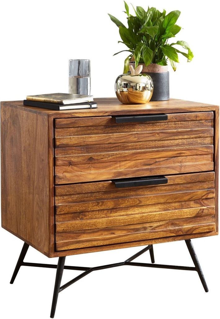 Nachtkonsole NISHAN 60 x 60 x 40 cm Sheesham Beistelltisch, Design Nachtkommode Boxspringbett, Nachttisch mit Schubladen, Beistellschrank mit Staur...
