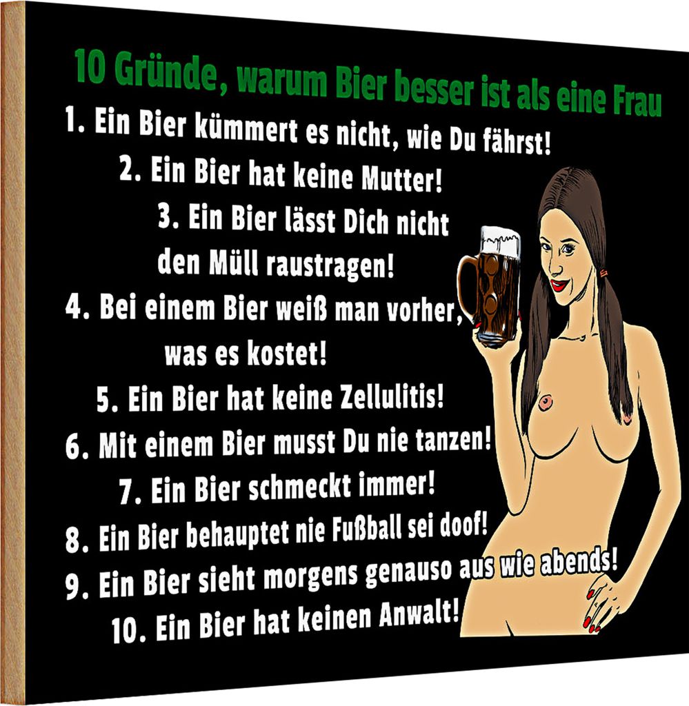 Holzschild Spruch Pinup 30x20cm 10 Gründe Bier besser als Frau