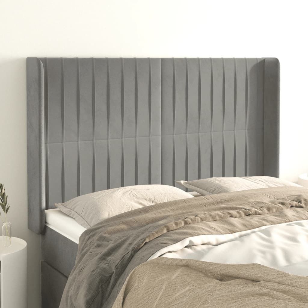 "2026 MODERNE"Kopfteil - modernes Design - fürs Schlafzimmer - mit Ohren Hellgrau 147x16x118/128cm Samt Promotion611848 - Kopfteile