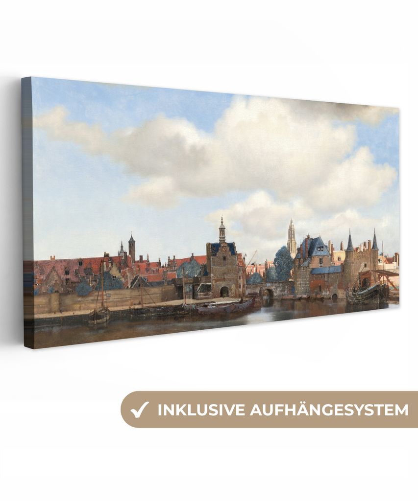 MuchoWow - Leinwandbilder - Ansicht von Delft - Gemälde von Johannes Vermeer, Wandbild, Wanddeko Bilder Wohnzimmer, 40x20 cm