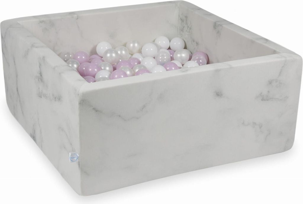 Trockenbecken 90x90x40 Marmor mit Kugeln 400 Stück: hellrosa Perle, weiß, transparent, Perle