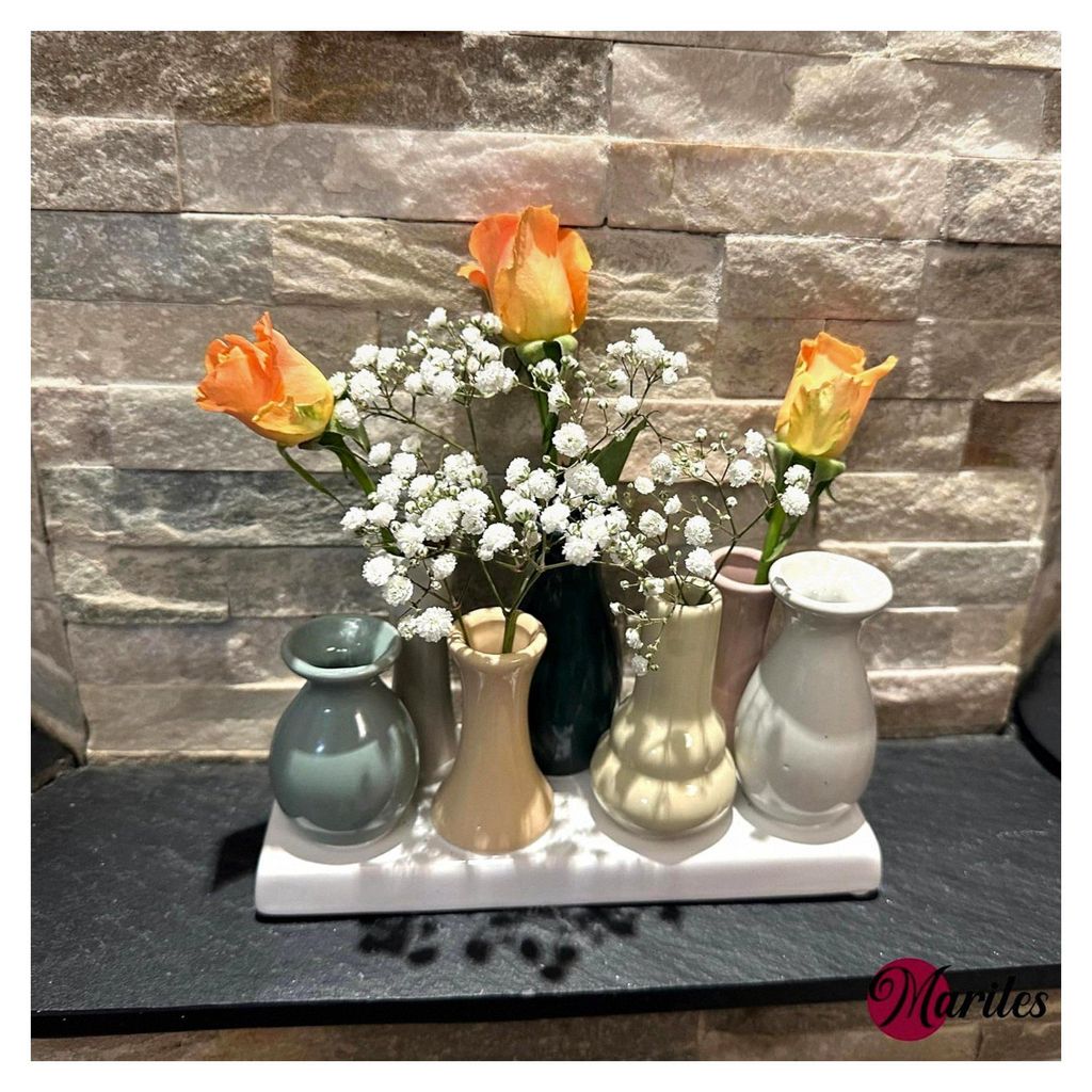 Vasen Set auf Sockel, Blumenvasen, Tischdeko, Blumendeko 10 x 20 cm Creme