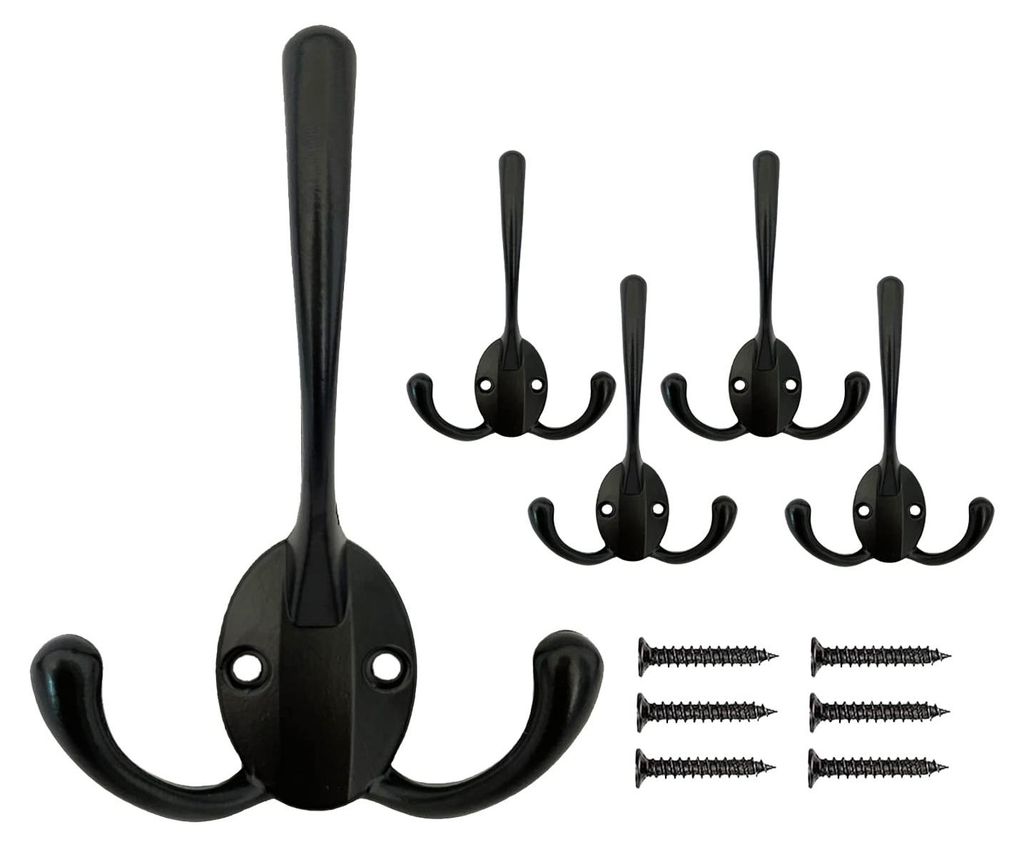 5-teiliges Set schwarzer Garderobenhaken, Vintage-Wandhaken, Dreifachhaken, stabile Kleiderhaken für Mäntel, Jacken, Hüte, Schlüssel, Taschen, ...