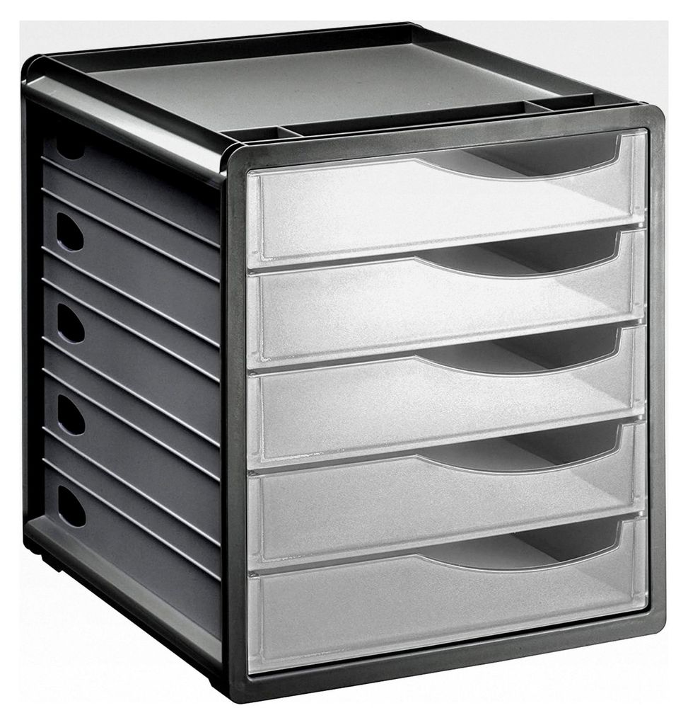 Schubladenbox / Bürobox mit 5 Schüben, Kunststoff (PS) BPA-frei, transparent/anthrazit, (33,5 x 28,5 x 32,0 cm)