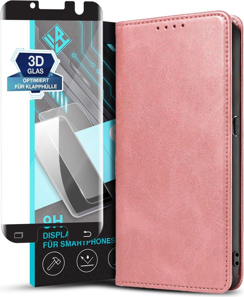 Handyhülle für Samsung Galaxy S7 Edge mit 9H Displayglas Kunstleder Flip Cover Hülle Handytasche Case Kartenfach Farbe: Rosa