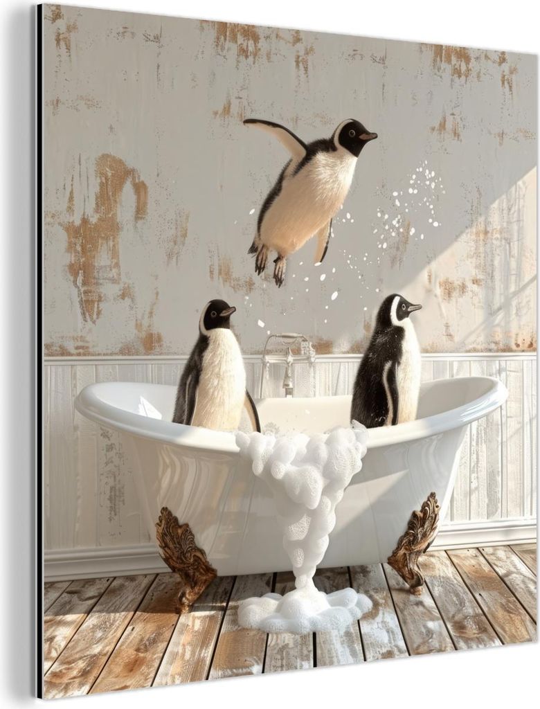 MuchoWow Wanddekoration Metall Metallbild Wandkunst 50x50 cm Vintage - Pinguin - Badewanne - Schaumstoff MuchoWow Aluminium Gemälde - Alubild - In...