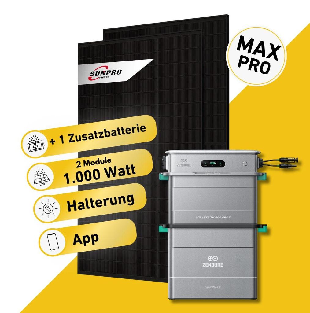 1000 Watt, Bifazial Komplettset, Balkonkraftwerk, Zendure Solarflow 800 Pro 2, 1 x AB2000L Zusatzbatterie und MC-4 Verlängerungskabel