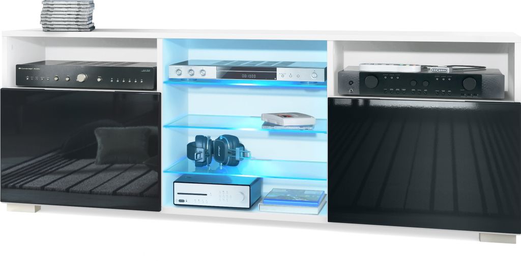 Vladon TV-Board Granada, Lowboard mit 2 Türen und 6 offenen Fächern, Korpus Weiß matt, Fronten in Schwarz Hochglanz mit RGB LED-Beleuchtung (146...