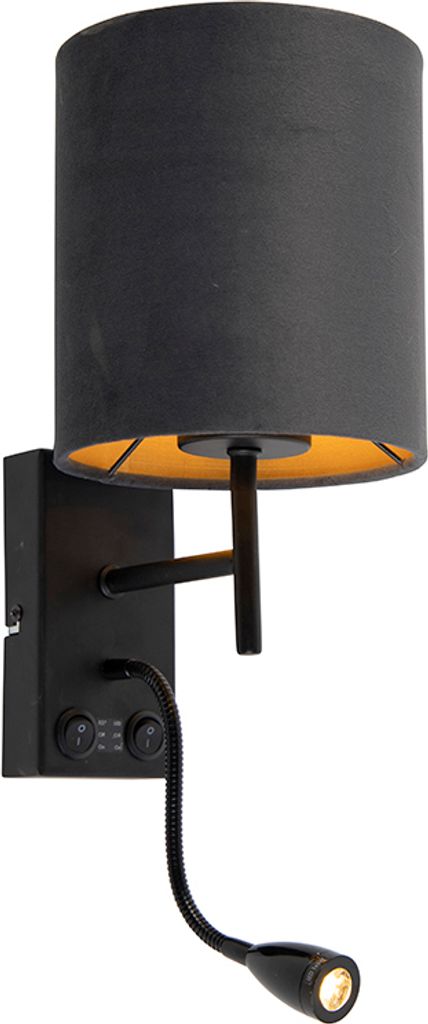 QAZQA - Modern Art Deco Wandleuchte schwarz mit dunkelgrauem Samtschirm - Stacca I Wohnzimmer I Schlafzimmer - Stahl Zylinder - I E27