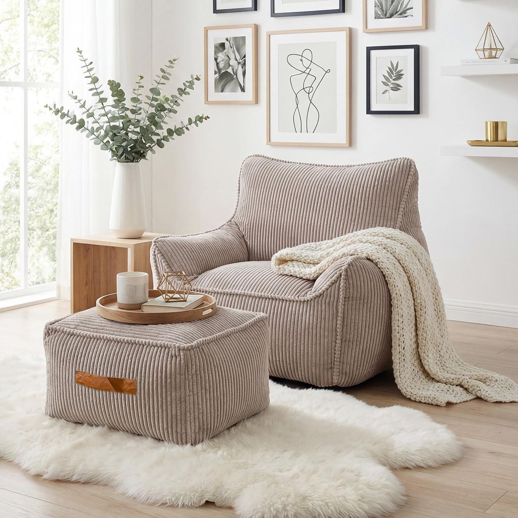 Sitzsack Sessel mit Hocker für Erwachsene, Flauschiger Cord Produktbild 