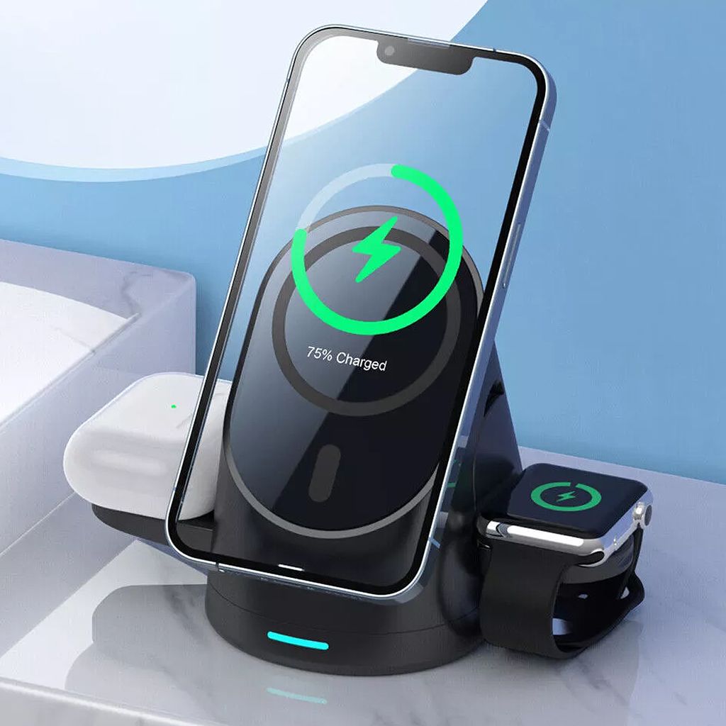 3-in-1 iPhone Wireless Charging Station, Schnellladegerät mit Adapter, für iPhone 15/14/13/12, Apple Watch 9/8/7/6/5, AirPods 3/2/Pro/Pro 2, Schwarz
