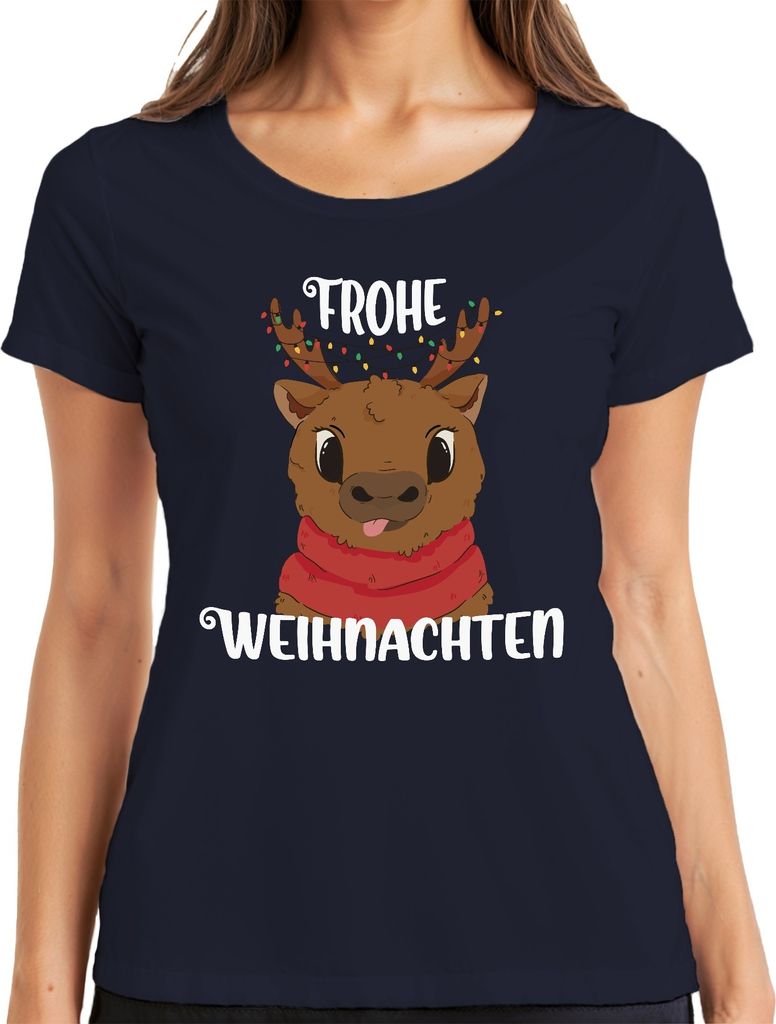 Frohe Weihnachten Rentier Süß - Weihnachten Weihnachtsgeschenk Christmas Damen T-Shirt, Navy, M