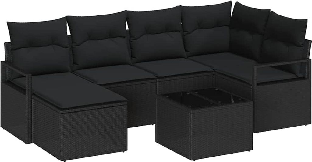 vidaXL Sofa Set mit Kissen 7 pcs Schwarz Poly Rattan