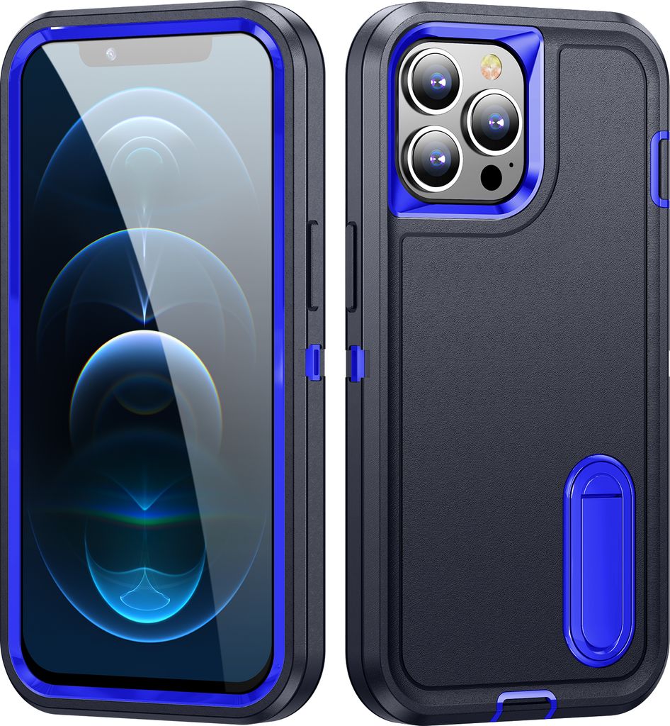 Hülle für iPhone 12 Pro Max Hybrid Dreilagige Robust Stoßfest Schwerlast Schutzhülle mit Ständer Dunkelblau