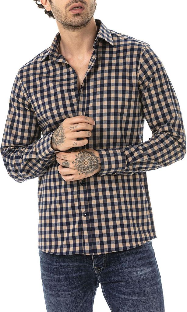 Red Bridge Herren Hemd Casual Plaid Shirts Modern Fit Langarm Kariert Beige-Navyblau S
