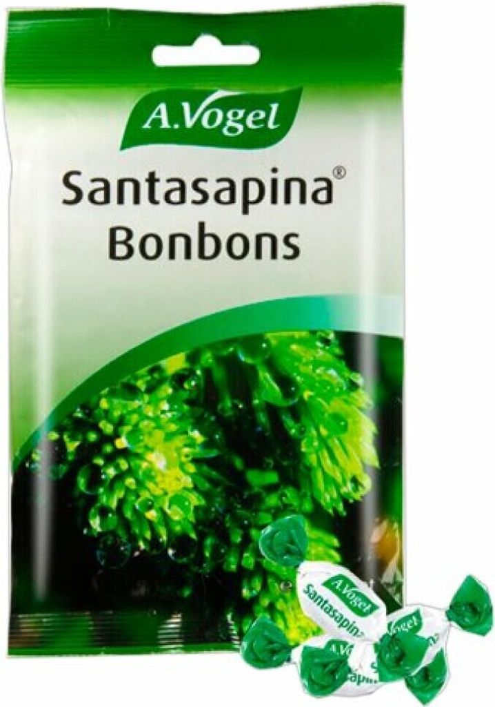 A bag of A. Vogel Santasapina Bonbons with a close-up image of a pine cone and some loose bonbons.