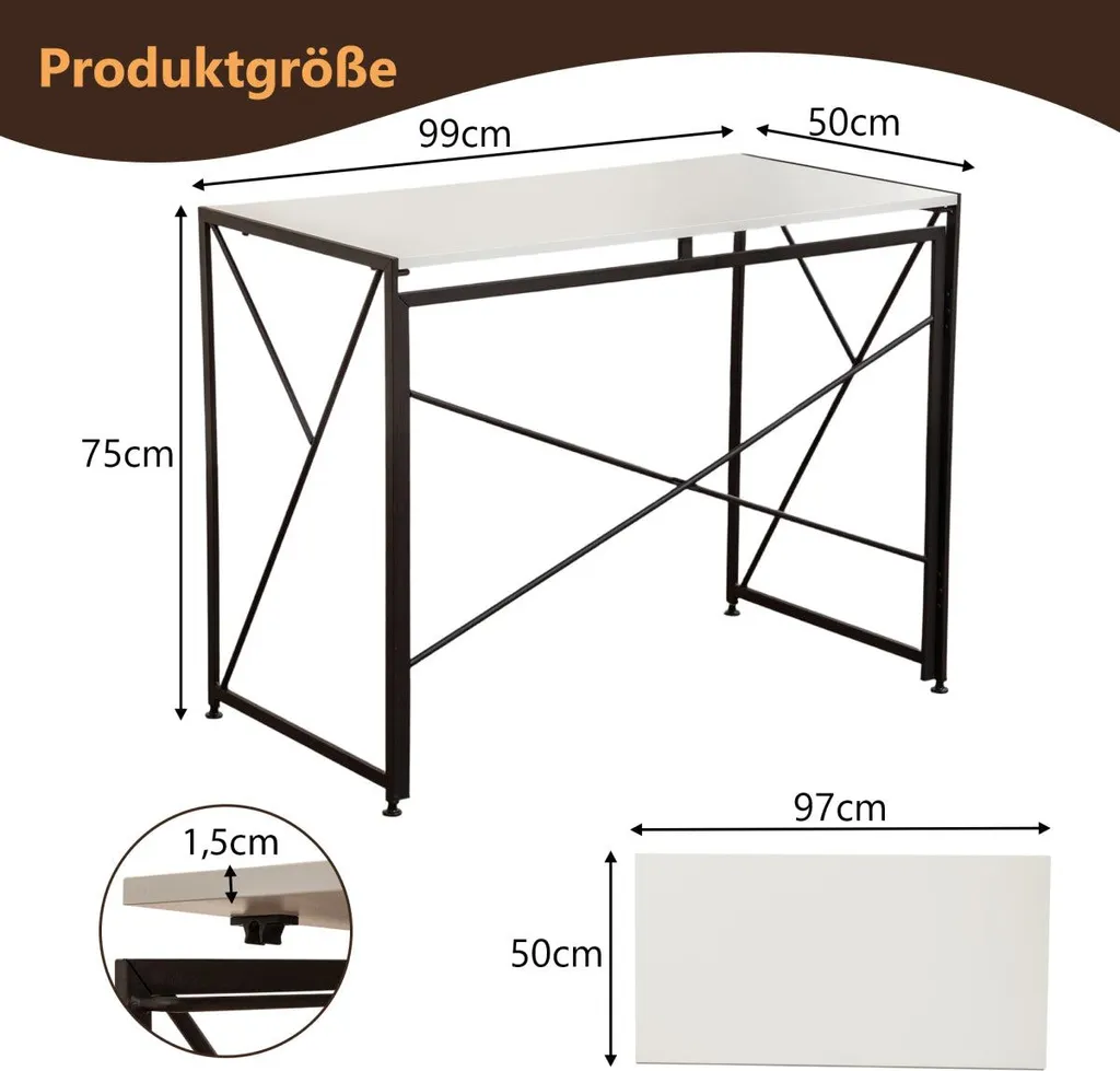 Table d'ordinateur pliable blanche 99cm - Meuble de bureau compact - 12