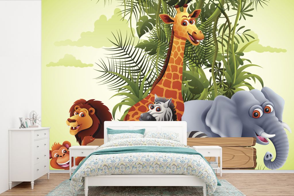 MuchoWow Fototapete für Wohnzimmer oder Schlafzimmer Wandtapete Vinyl Motivtapete Dschungeltiere - Natur - Kinder - Giraffe - 330x220 cm - Fotot...