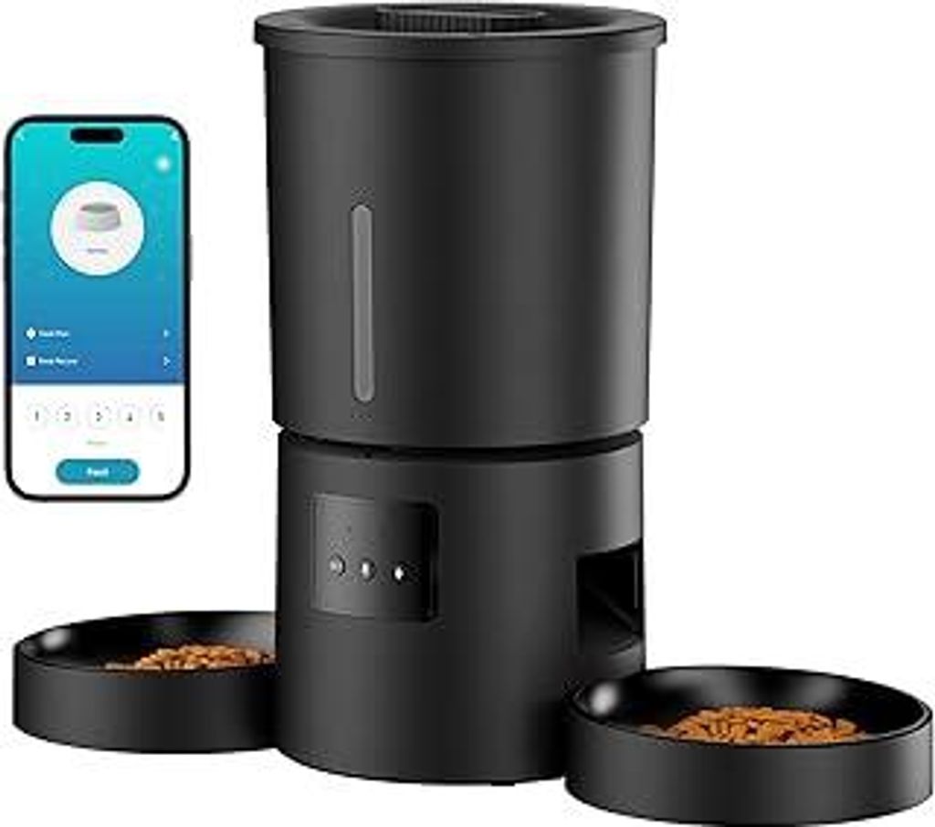 Futterautomat Katze 2 Näpfe mit APP: 5L Automatischer Futterspender mit 2.4G WiFi Timer für Trockenfutter - AONBOY Doppelnapf Design für Mehrkat...