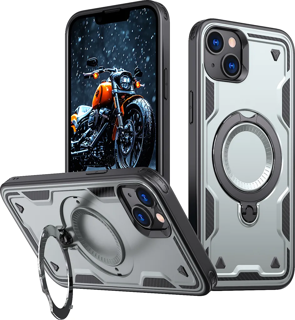 Custodia a doppio strato per iPhone 13/iPhone 14, custodia protettiva militare magnetica con anello in metallo e supporto Grigio