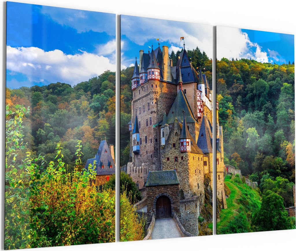 DEQORI Glasbild Echtglas 3x50x100 cm 'Burg Eltz im Sommer' Wandbilder XXL groß