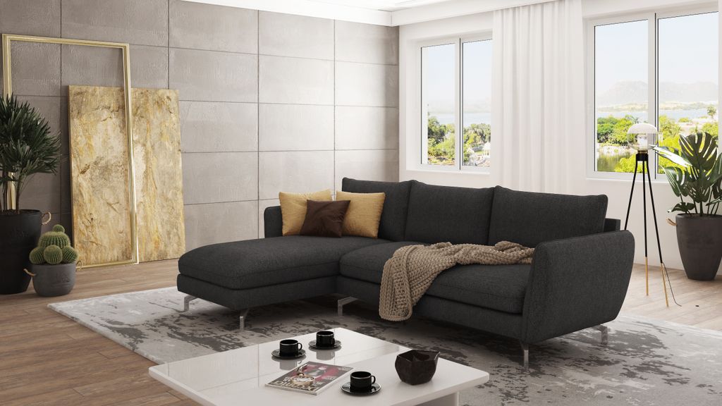 S-STYLE MÖBEL - Modernes Ecksofa Frema mit Silber Metall Füßen aus Graphit Luxusmicrofaser - Ottomane links - B/T/H: 261 cm/167 cm/87cm