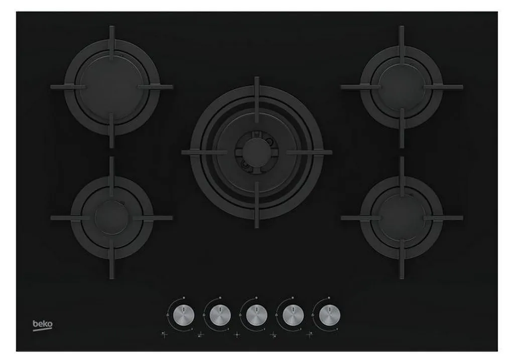 Plaque gaz 5 feux Beko HILW75222S avec foyer Wok puissant et verre noir